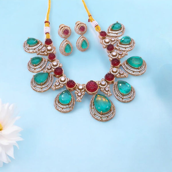 Gold-Plated Emerald and Ruby Teardrop Necklace Set with Matching Earrings