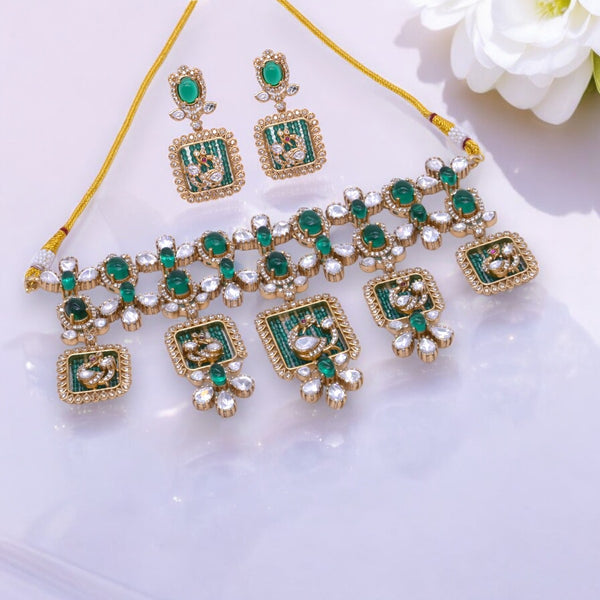 Gold-Plated Peacock Motif Necklace Set with Green and White Stones