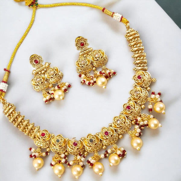 Vintage Brass Pearl Jewellry Set with Earrings - Trendisia