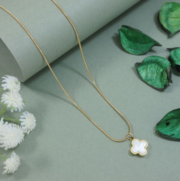 Stainless Steel White Shell Clover Necklace - STNK 5471