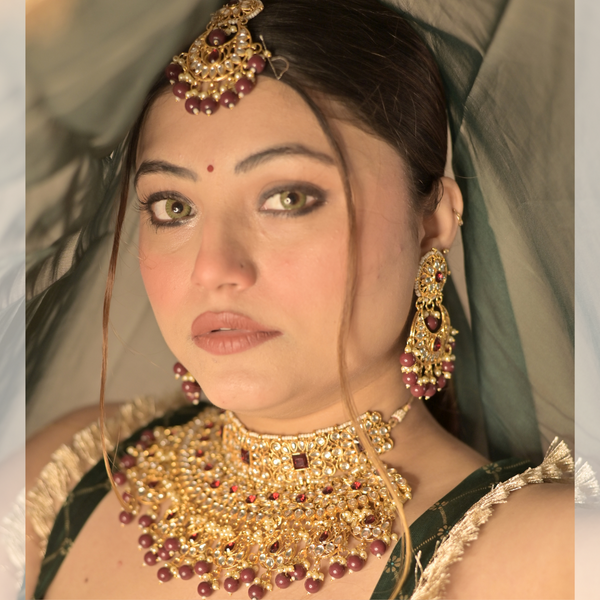 Red Gold-Toned Kundan Ruby Bridal Choker Set