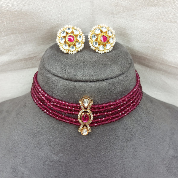 Multi-Strand Maroon Beaded Choker Set with Gold-Tone Accents & Matching Stud Earrings