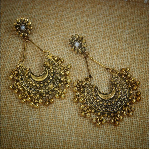 Antique Gold Chandbali Dangle Earring With Ghungroos And Pearls- AER 304 - Trendisia