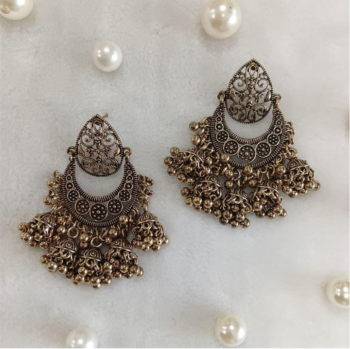 Antique Gold Plated Chandbali Shaped Design Artwork Jhumki Fashion Earring- AER 1716 - Trendisia