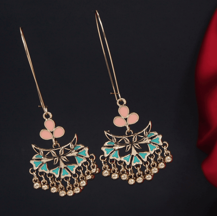 Antique Gold Plated Dual Colour Floral Hook Long Earring- AER 3225 - Trendisia