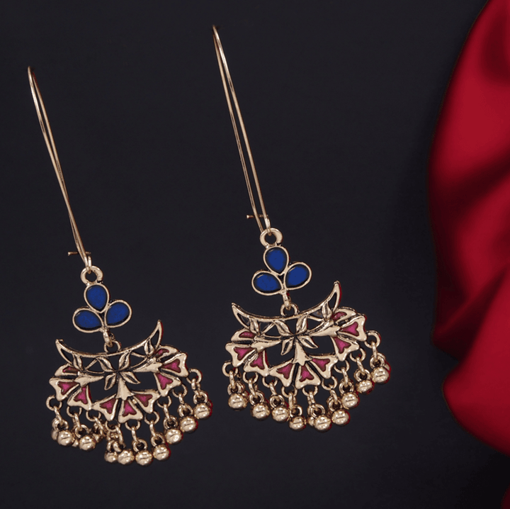 Antique Gold Plated Dual Colour Floral Hook Long Earring- AER 3225 - Trendisia