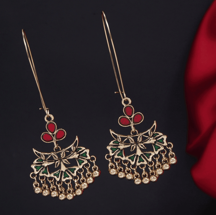 Antique Gold Plated Dual Colour Floral Hook Long Earring- AER 3225 - Trendisia