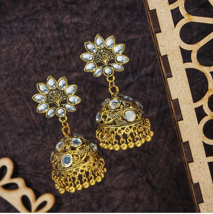 Antique Gold Plated Jhumki Earring With Kundan And small Circular Shaped Mirror- AER 386 - Trendisia