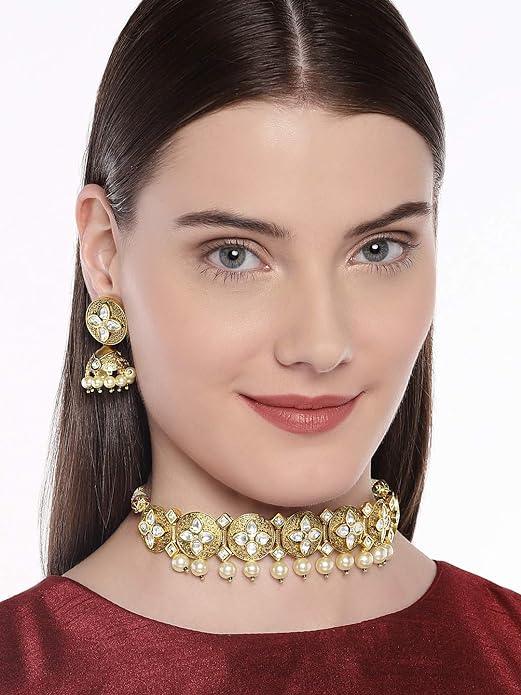 Antique Gold Plated Kundan Choker Necklace Set for Women - Trendisia