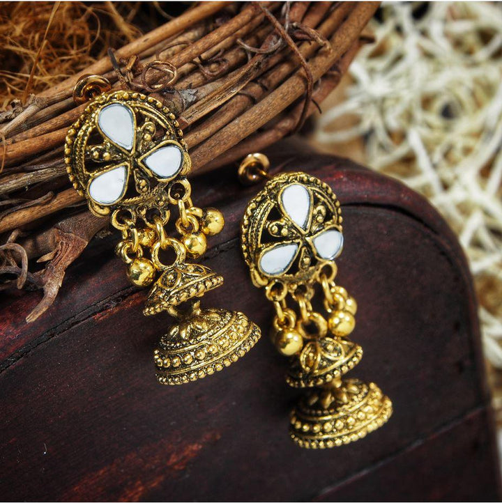 Antique Gold Plated Mirror Design Artwork Small Jhumki Earring- AER 342 - Trendisia