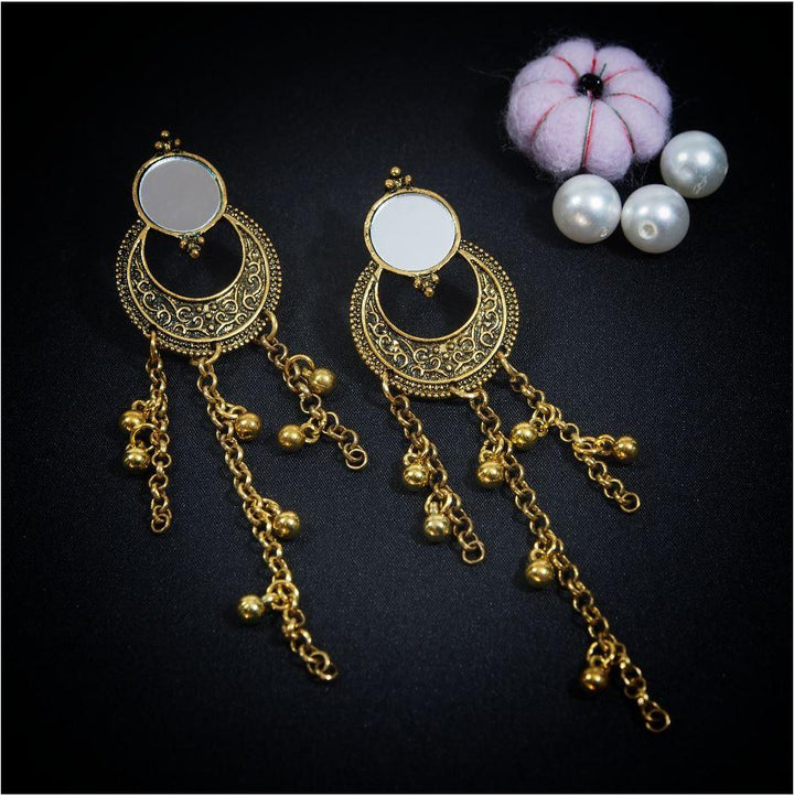 Antique Gold Plated Moon Shaped Earring Mirror Art with Dangling Chain Ghungroo- AER 333 - Trendisia