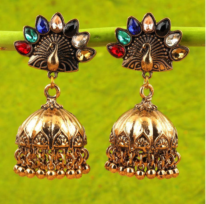 Antique Gold Plated Peacock Multicolored Stone Jhumki Earring- AER 281 - Trendisia