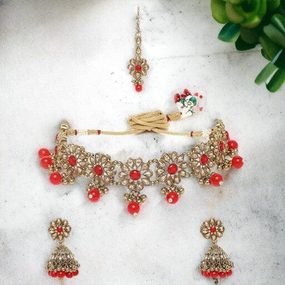 Antique Gold-Plated Red Handcrafted Choker Style Jewellery Set - Trendisia