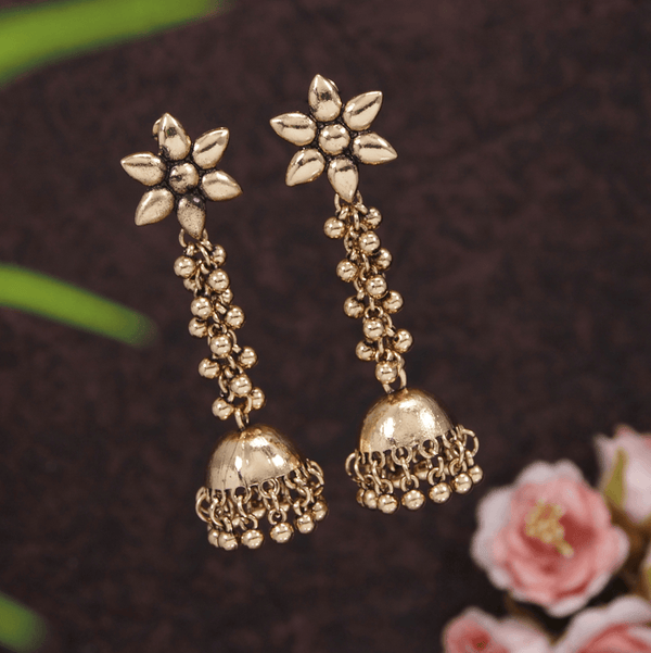 Antique Gold/Silver Plated Floral Design Hanging Beads Long Jhumka Earring- AER 3210 - Trendisia