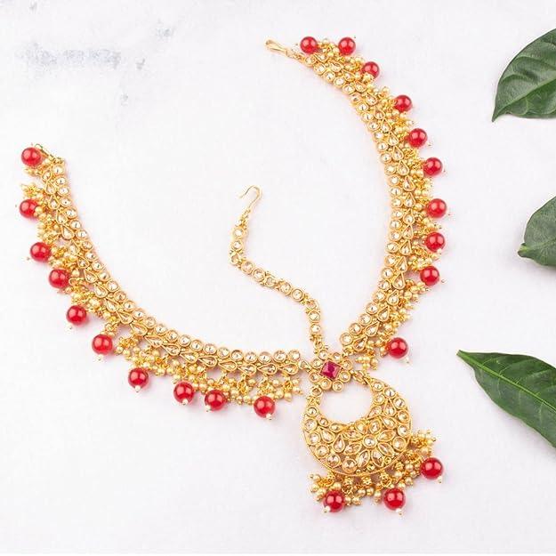 Antique Red Gold-Plated Pearl Matha Patti - Trendisia