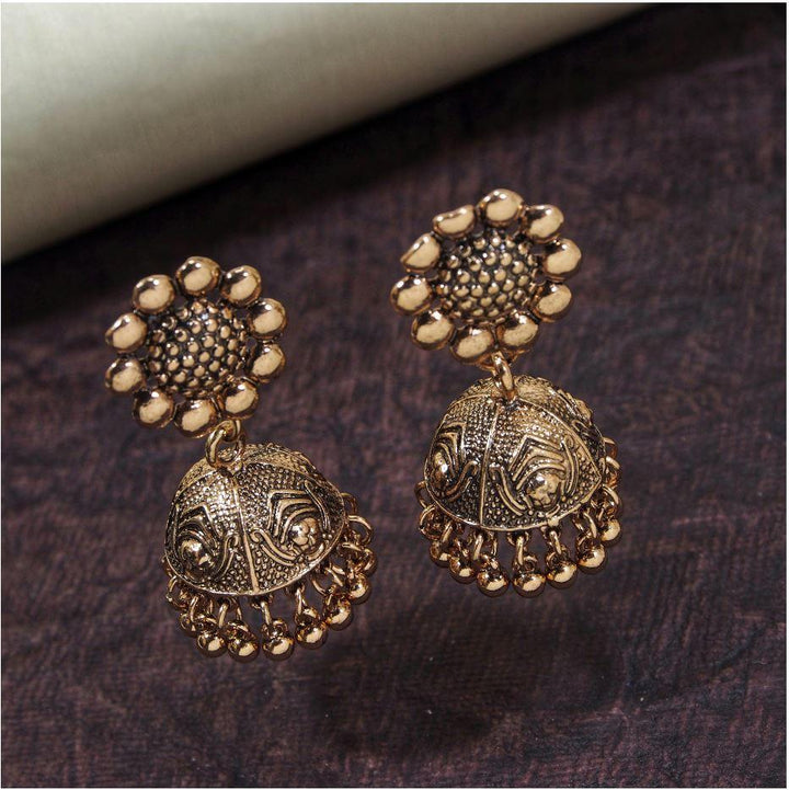 Antique Silver / Gold Plated Floral Artwork Studded Jhumka Earring- AER 408 - Trendisia