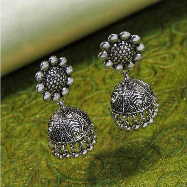 Antique Silver / Gold Plated Floral Artwork Studded Jhumka Earring- AER 408 - Trendisia