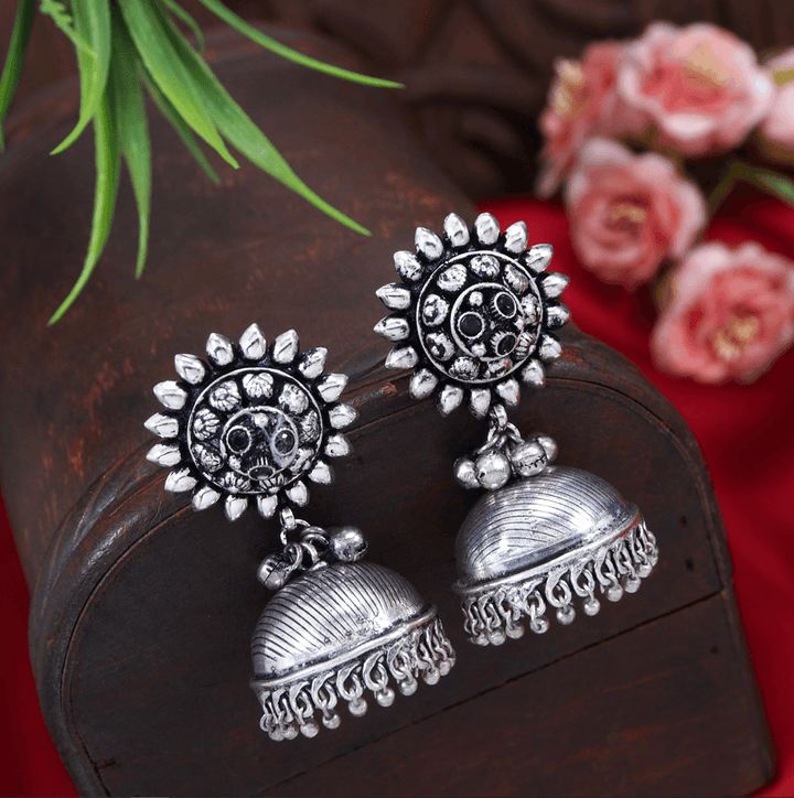 Antique Silver Plated Artwork Silver Beads Jhumki Earring- AER 3577 - Trendisia