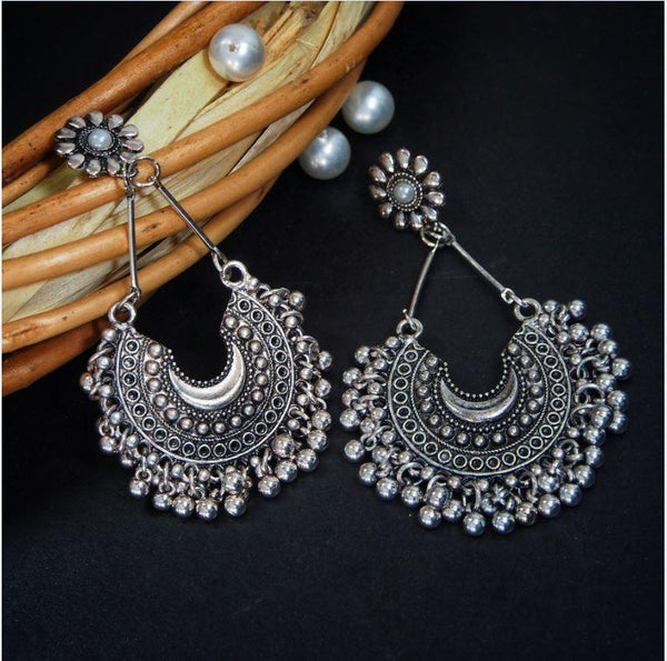 Antique Silver Plated Chandbali Dangle Earrings with Ghungroos and Pearls- AER 305 - Trendisia