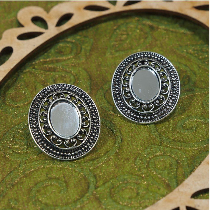 Antique Silver Plated Design Artwork With Mirror Stud Earring- AER 418 - Trendisia