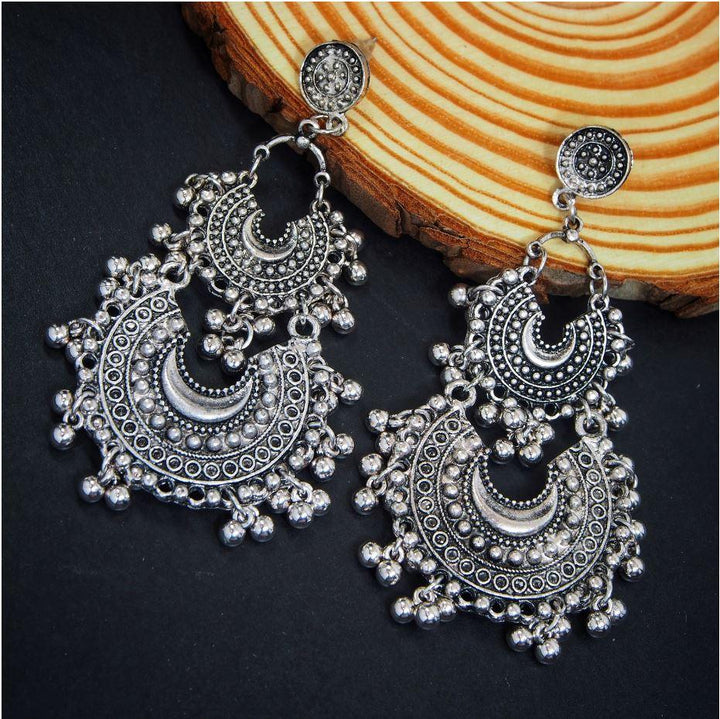 Antique Silver Plated Double Chandbali Earring with Ghungroos- AER 330 - Trendisia