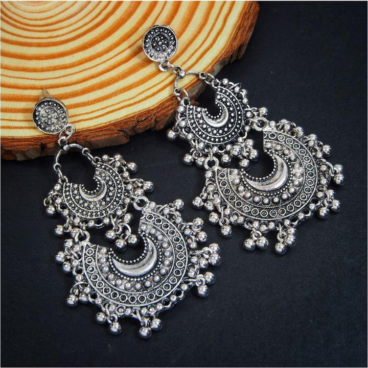 Antique Silver Plated Double Chandbali Earring with Ghungroos- AER 330 - Trendisia