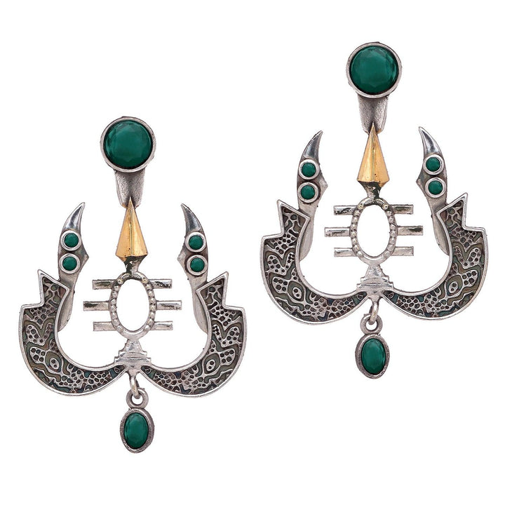 Antique Silver-Plated Ethnic Green Stone Earrings - Trendisia
