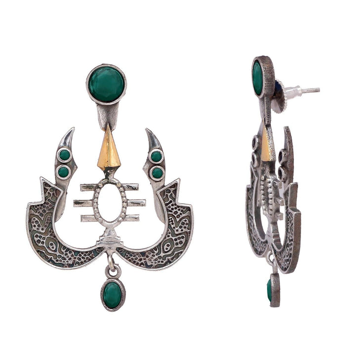 Antique Silver-Plated Ethnic Green Stone Earrings - Trendisia
