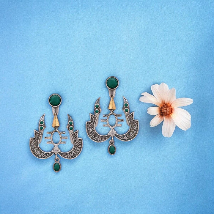 Antique Silver-Plated Ethnic Green Stone Earrings - Trendisia