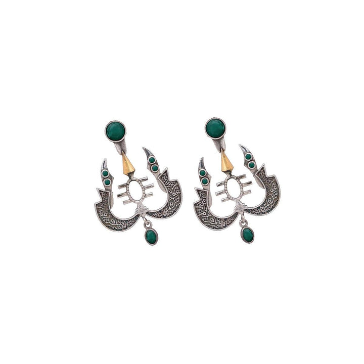 Antique Silver-Plated Ethnic Green Stone Earrings - Trendisia