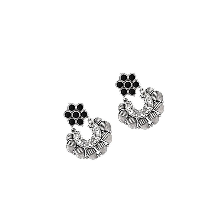 Antique Silver-Plated Floral Hoop Earrings with Black Accents - Trendisia