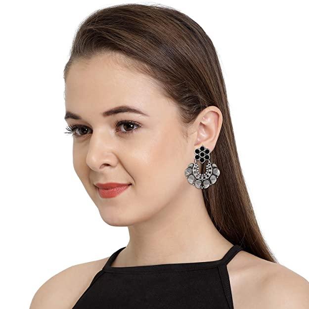 Antique Silver-Plated Floral Hoop Earrings with Black Accents - Trendisia