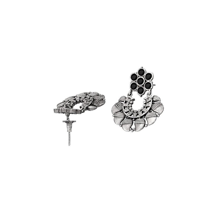 Antique Silver-Plated Floral Hoop Earrings with Black Accents - Trendisia