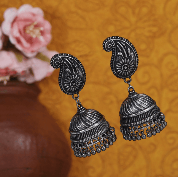 Antique Silver Plated Jhumka Earring- AER 3553 - Trendisia