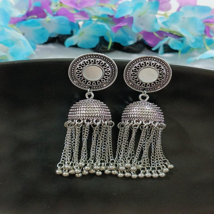 Antique Silver Plated Mirror Chain Tassel Jhumka Earring.-AER 4183 - Trendisia