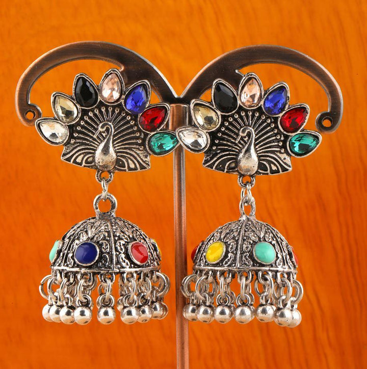 Antique Silver Plated Peacock Multicolors Stone Jhumka Earring- AER 1478 - Trendisia