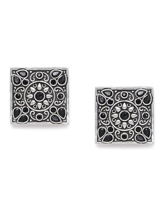 Antique Silver-Plated Square Stud Earrings with Black Accents - Trendisia