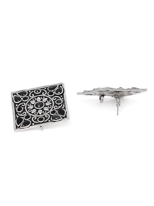 Antique Silver-Plated Square Stud Earrings with Black Accents - Trendisia