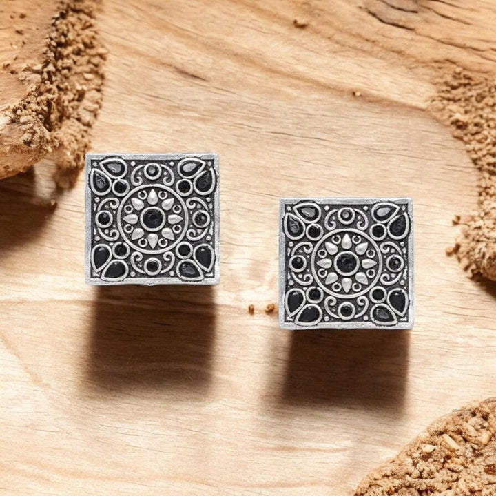 Antique Silver-Plated Square Stud Earrings with Black Accents - Trendisia