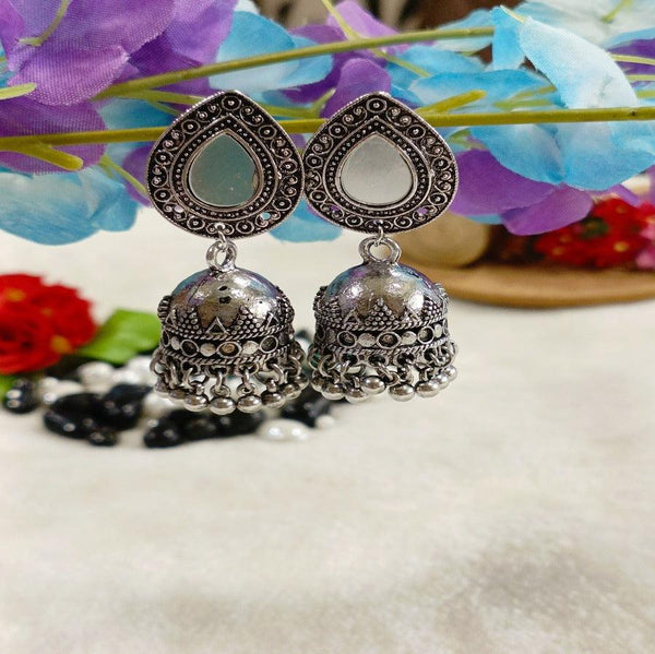 Antique Silver Plated Tear Drop Shaped Mirror Jhumka Earring-AER 4189 - Trendisia