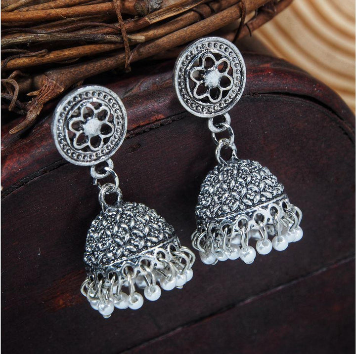 Antique Silver Plated White Pearl Small Jhumki Earring- AER 368 - Trendisia