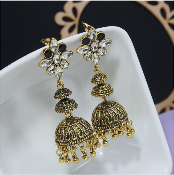 Antique Silver/Gold Whites Stone Studded Jhumki Earring- AER 395 - Trendisia