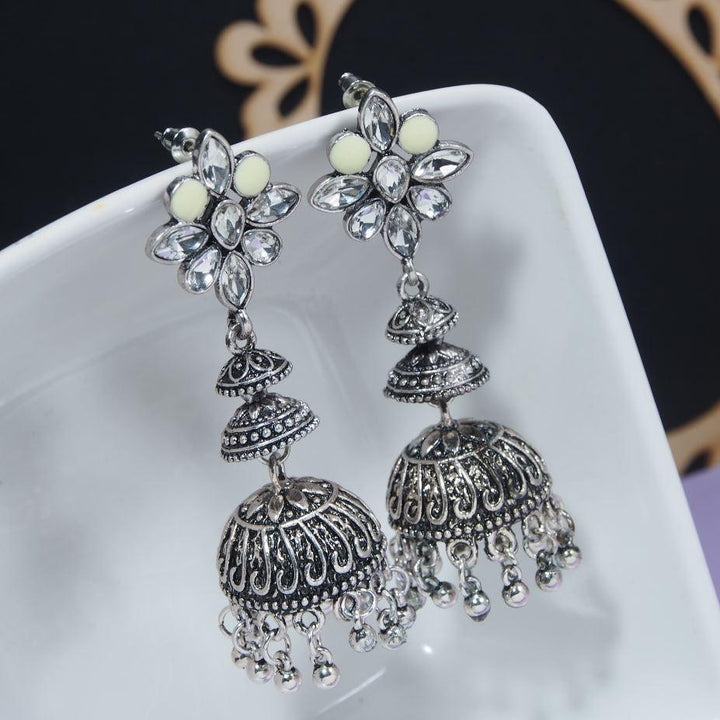 Antique Silver/Gold Whites Stone Studded Jhumki Earring- AER 395 - Trendisia