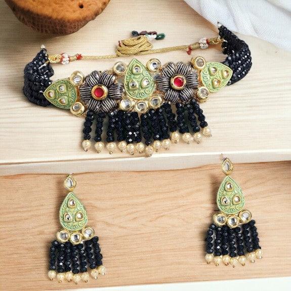 Black Gold-Plated Enameled Kundan Jewelry Set - Trendisia