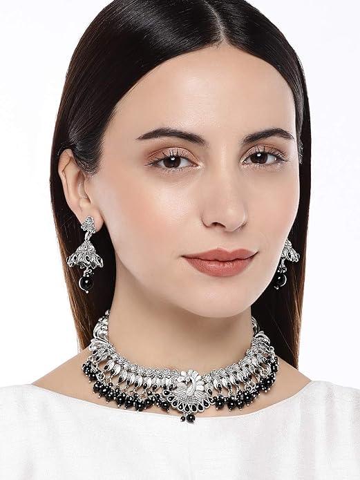 Black Silver-Toned Stone Studded Beaded Jewellery Set - Trendisia