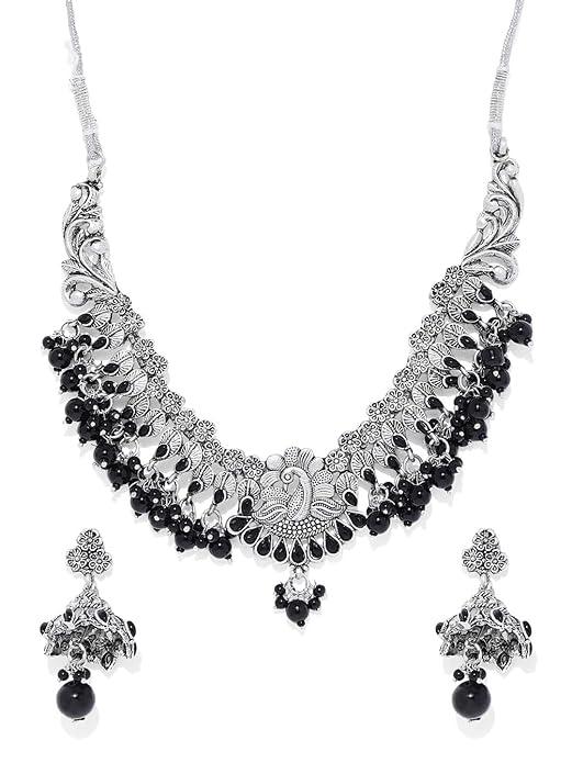 Black Silver-Toned Stone Studded Beaded Jewellery Set - Trendisia