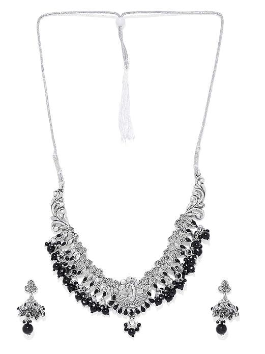 Black Silver-Toned Stone Studded Beaded Jewellery Set - Trendisia