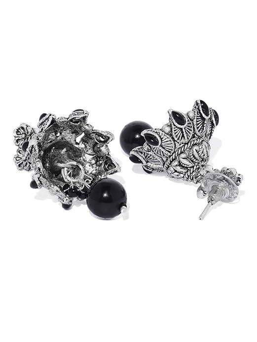 Black Silver-Toned Stone Studded Beaded Jewellery Set - Trendisia