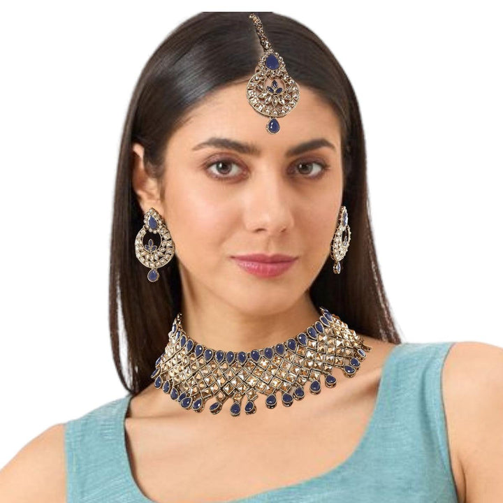 Blue Antique Gold-Toned Champagne jewellery set - Trendisia