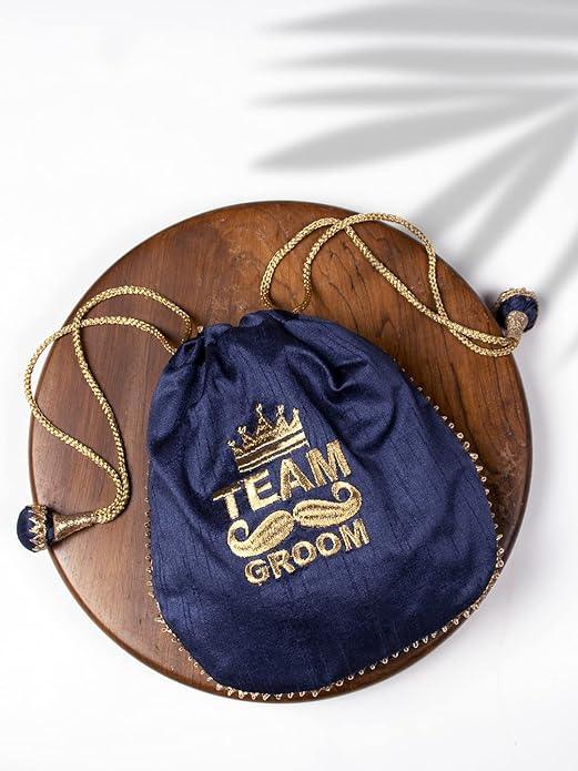 Blue Gold-Toned Embroidered Potli - Trendisia